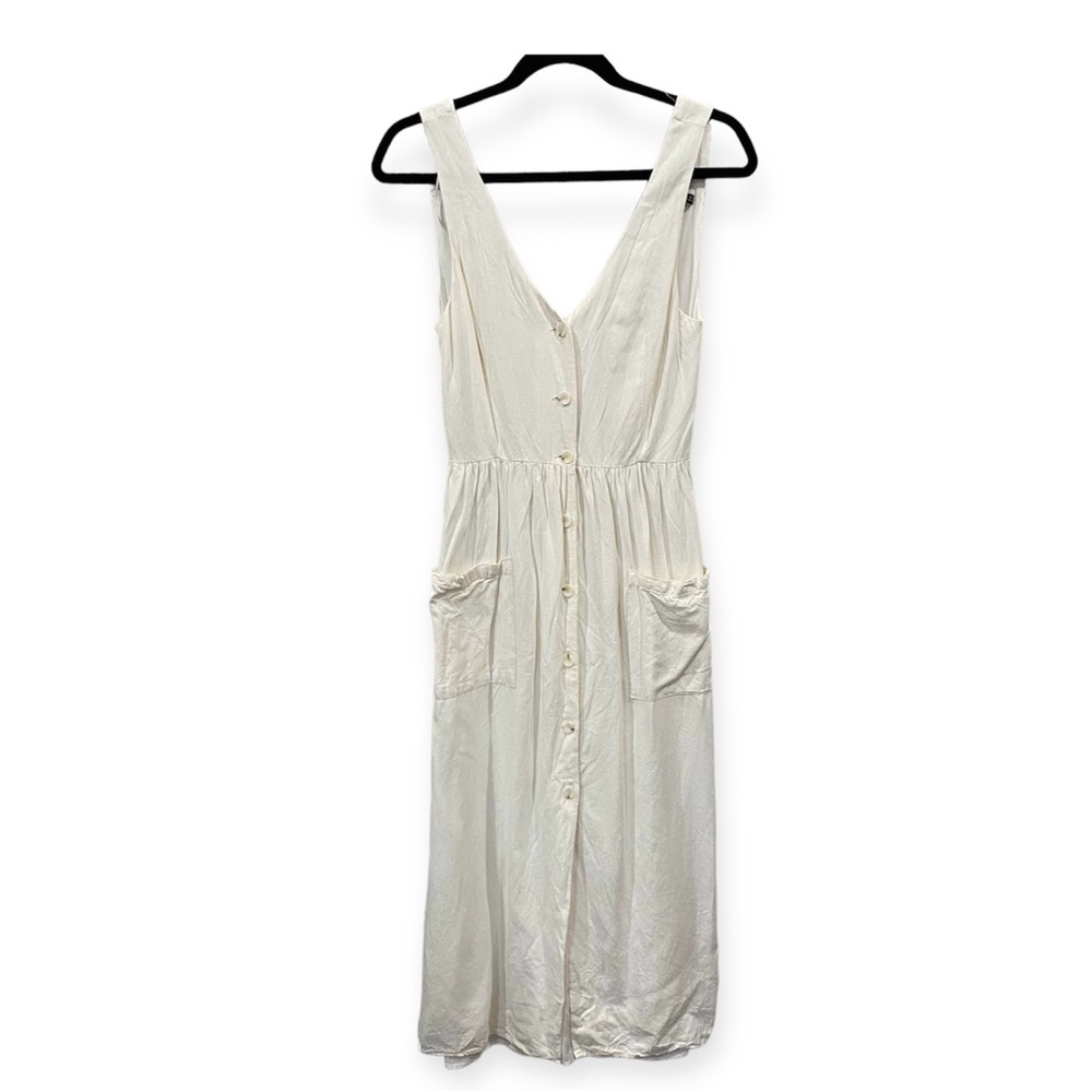 Zara Button Front Linen Blend Pockets Midi Dress Cut Out Back Beige Ecru X-Small